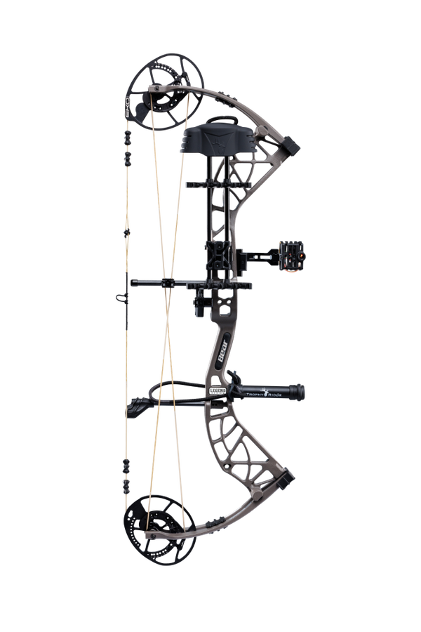 Bear Archery Whitetail INT RTH Compound Bow for bowhunting displayed against a transparent background, emphasizing its professional build, Trophy Ridge accessories and Stone color.
