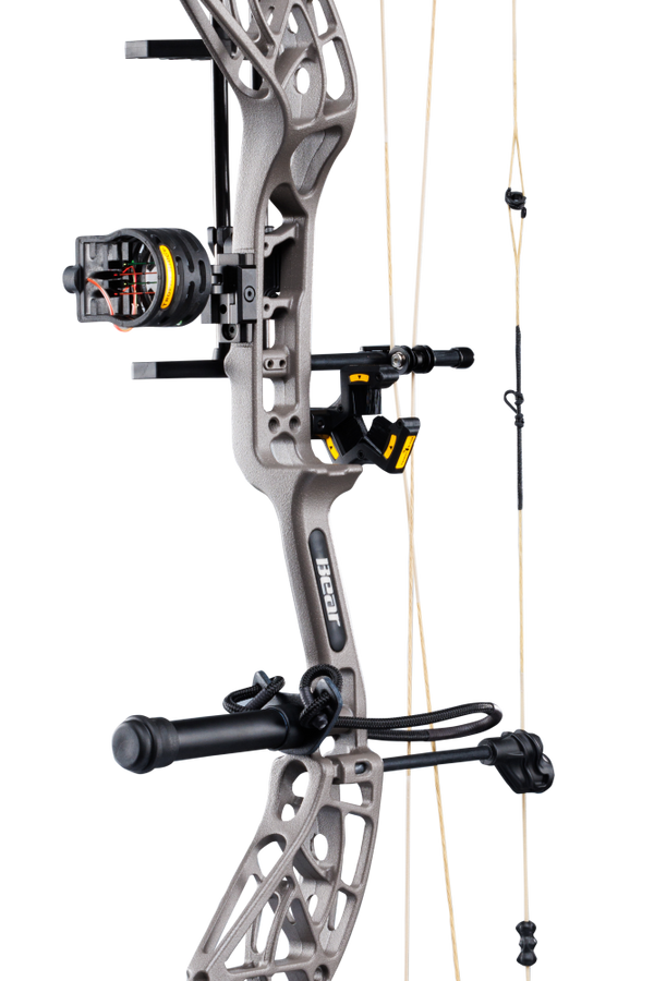 Close up of Bear Archery Whitetail INT RTH compound hunting bow in color Stone highlighting Trophy Ridge accessories including a V-Biscuit rest, 4 pin sight, stabilizer, peep sight, and wrist sling.