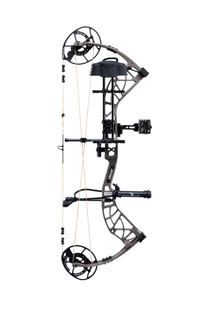 Bear Archery Whitetail INT RTH Compound Bow for bowhunting displayed against a transparent background, emphasizing its professional build, Trophy Ridge accessories and Stone color.