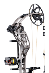 Close up of Bear Archery Whitetail INT RTH compound bow in color Stone showcasing its new roller cable guard system matched with the proven EKO cam system.