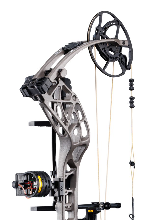 Close up of Bear Archery Whitetail INT RTH compound bow in color Stone showcasing its new roller cable guard system matched with the proven EKO cam system.
