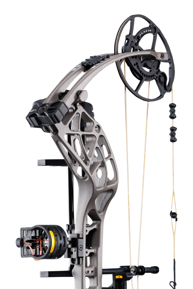 Close up of Bear Archery Whitetail INT RTH compound bow in color Stone showcasing its new roller cable guard system matched with the proven EKO cam system.
