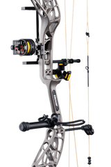 Close up of Bear Archery Whitetail INT RTH compound bow in color Stone highlighting Trophy Ridge accessories including a V-Biscuit rest, 4 pin sight, stabilizer, peep sight, and wrist sling.