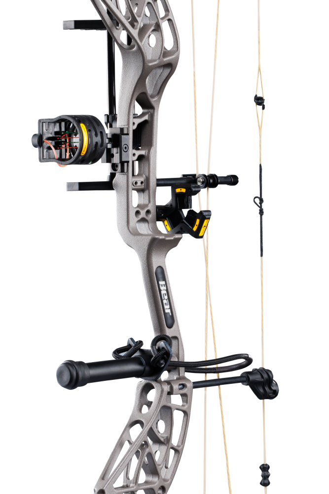 Close up of Bear Archery Whitetail INT RTH compound bow in color Stone highlighting Trophy Ridge accessories including a V-Biscuit rest, 4 pin sight, stabilizer, peep sight, and wrist sling.