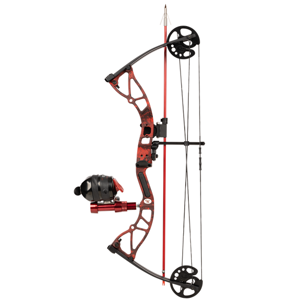 Cajun Bowfishing bow aimed left showcasing the Cajun Bowfishing Arrow Caddy, a bowfishing arrow holder, holding a single arrow for bowfishing. 