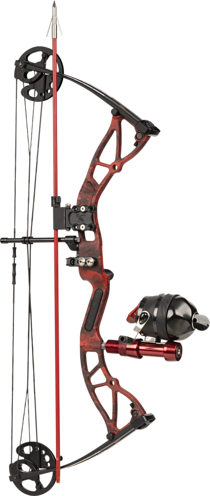 Side image of the Cajun Bowfishing Arrow Caddy, bowfishing quiver, shown on a Cajun Bowfishing bow.