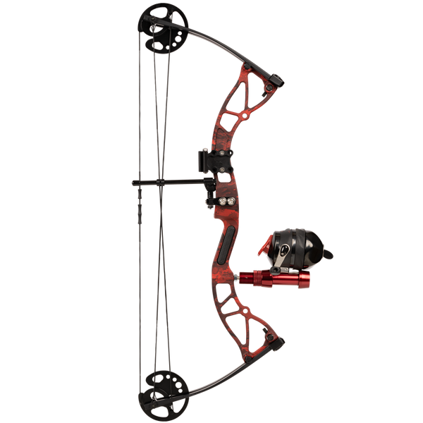 A side image of a Cajun Bowfishing bow highlighting the Cajun Arrow Caddy, bowfishing arrow holder. 