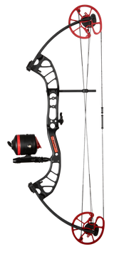 Cajun Bowfishing Shore Runner EVS Bowfishing Bow Setup - Black and Red Fishing Bow and Arrow in right or left hand.