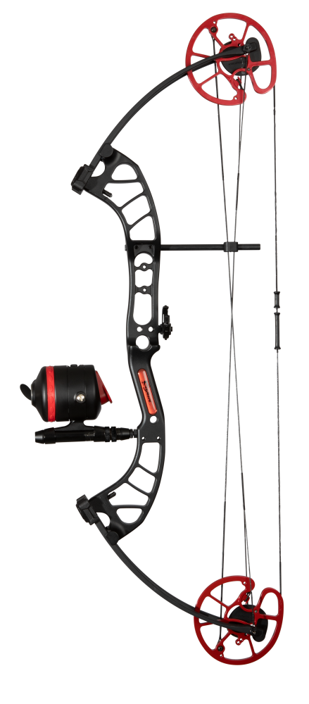 Cajun Bowfishing Shore Runner EVS Bowfishing Bow Setup - Black and Red Fishing Bow and Arrow in right or left hand.