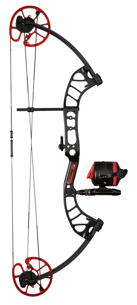 Cajun Bowfishing Shore Runner EVS Bowfishing Bow Setup - Black and Red Fishing Bow and Arrow with a 7" brace height.