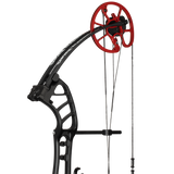 Close up of the Cajun Bowfishing Shore Runner EVS Bowfishing Bow - Fishing Bow and Arrow with black limbs and red cams.