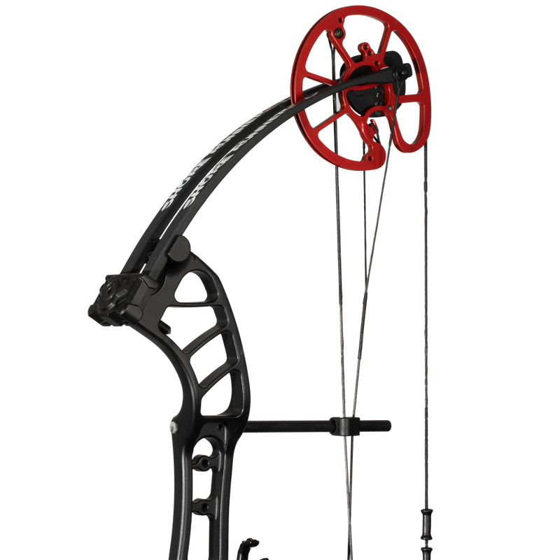 Close up of the Cajun Bowfishing Shore Runner EVS Bowfishing Bow - Fishing Bow and Arrow with black limbs and red cams.