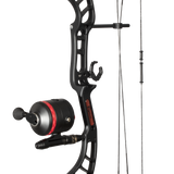 Close up of the Cajun Bowfishing Shore Runner EVS Bowfishing Bow with Spin Doctor reel. Black and Red Fishing Bow and Arrow. 