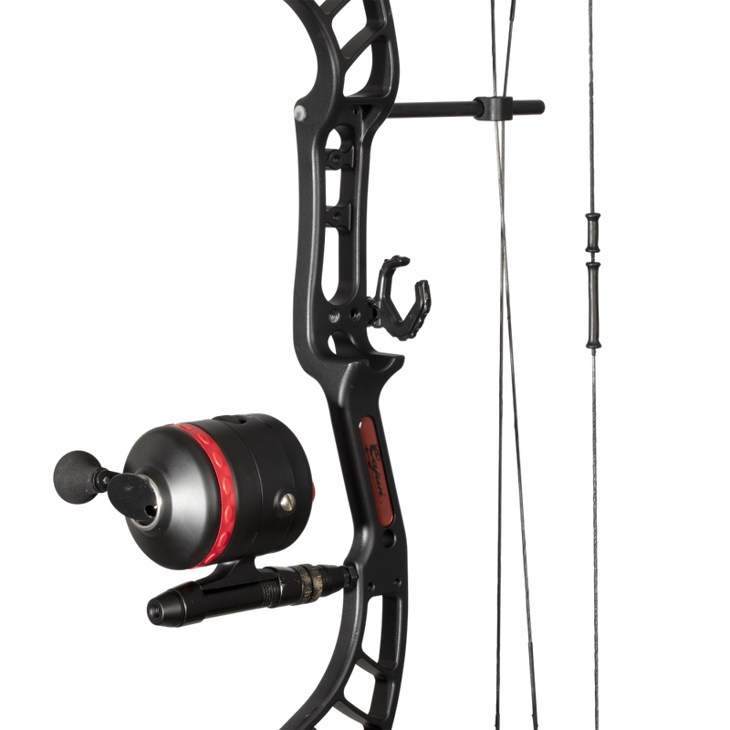 Close up of the Cajun Bowfishing Shore Runner EVS Bowfishing Bow with Spin Doctor reel. Black and Red Fishing Bow and Arrow. 