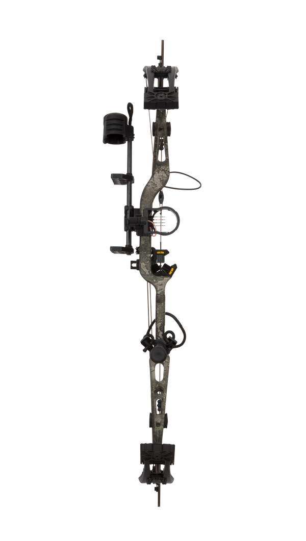 Front view of the Bear Archery Paradigm hunting bow with a 33” axel-to-axel and a sleek modern finish in color True Timber Strata.