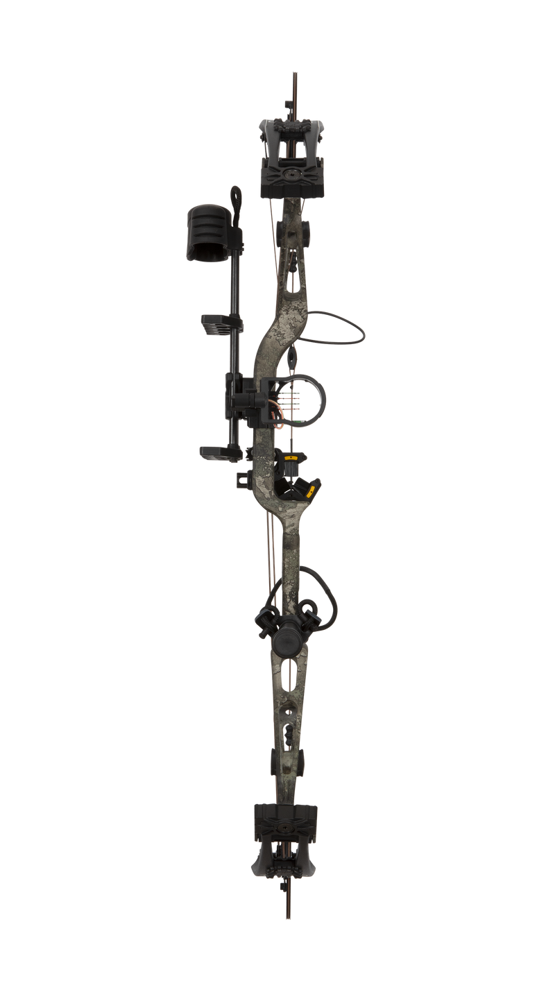 Front view of the Bear Archery Paradigm hunting bow with a 33” axel-to-axel and a sleek modern finish in color True Timber Strata.