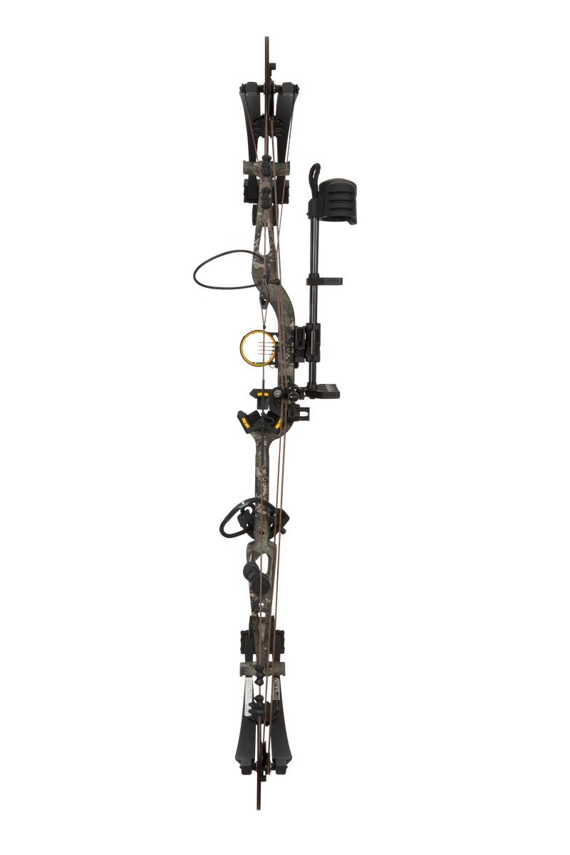 Full view of the Bear Archery Paradigm hunting bow in color True Timber Strata with an adjustable draw long draw length of 27 - 32 inches.