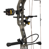 Close up of the Bear Archery Paradigm hunting bow riser in color True Timber Strata featuring Trophy Ridge ready-to-hunt accessories.