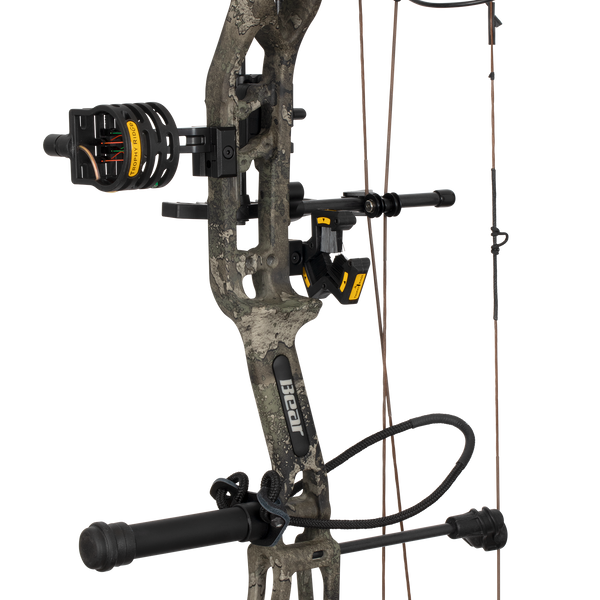 Close up of the Bear Archery Paradigm hunting bow riser in color True Timber Strata featuring Trophy Ridge ready-to-hunt accessories.