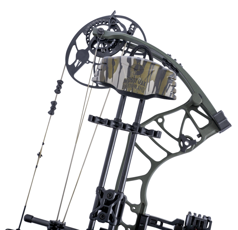 Trophy Ridge 5 Spot Compound Bow Quiver in Mossy Oak Bottomland shown on a bow.