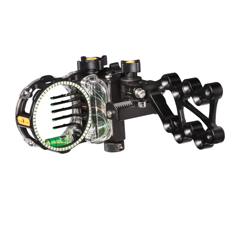 Close up of the React One Pro right-handed 5-Pin Bow Sight. 