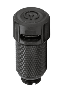 Rechargeable bow sight light from Trophy Ridge displayed on a transparent packground.