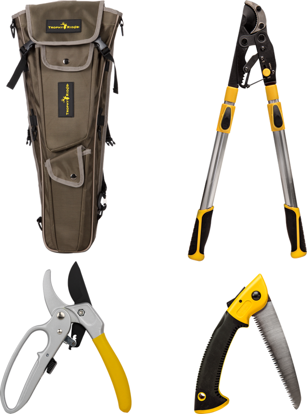 Trimmer Kit including ratcheting loppers, hand saw, and ratcheting pruner