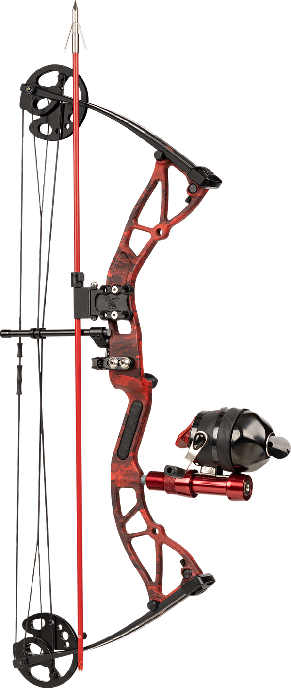 Side image of bowfishing arrow holder, the Cajun Bowfishing Arrow Caddy, attached to a Cajun Bowfishing bow and holding a single arrow. 