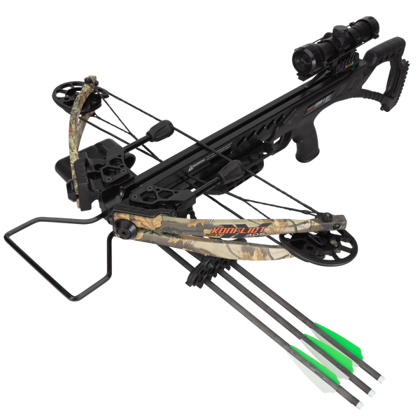 Full image Bear X Konflict 405 Crossbow package in color God's Country after being shot. Bear Crossbows for Hunting - crossbow on sale